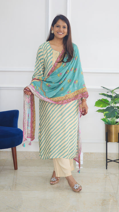 Turquoise Leheriya Suit With Pichwai Dupatta