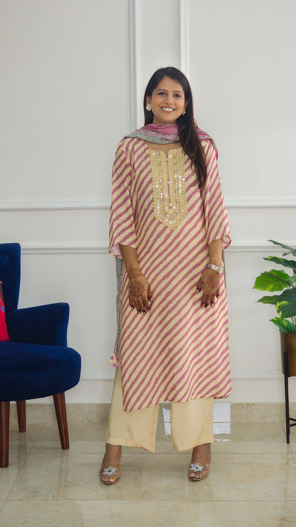 Mauve Leheriya Suit With Pichwai Dupatta