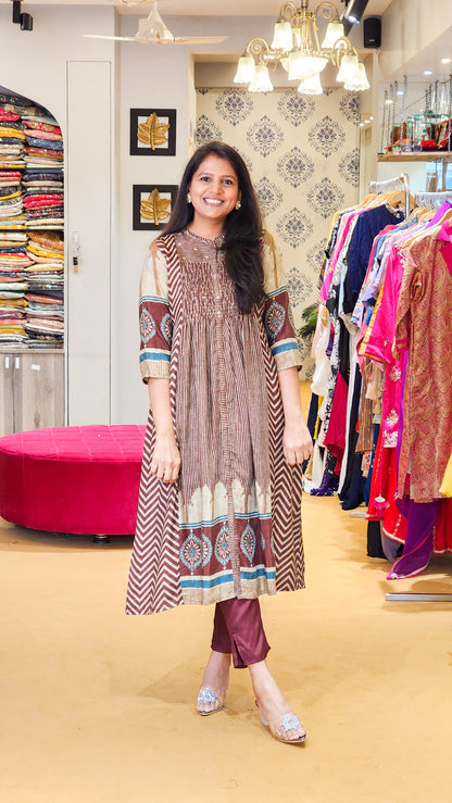 Brown Pure Muslin Kurta and Pants Set
