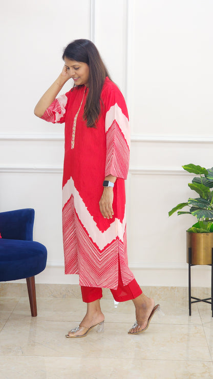 Tie Dye Kurta and Pants Set - Red