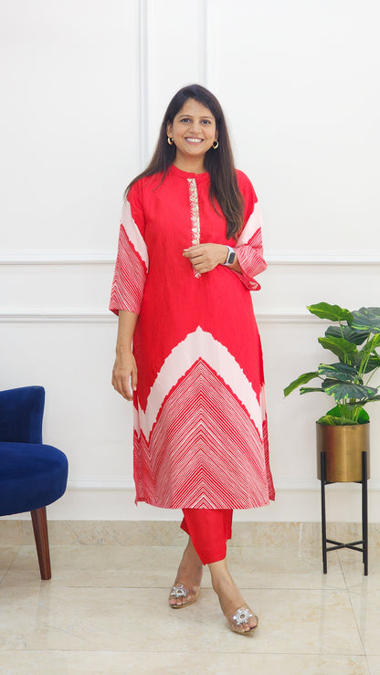 Tie Dye Kurta and Pants Set - Red