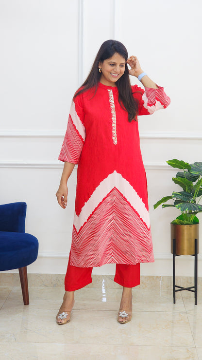 Tie Dye Kurta and Pants Set - Red
