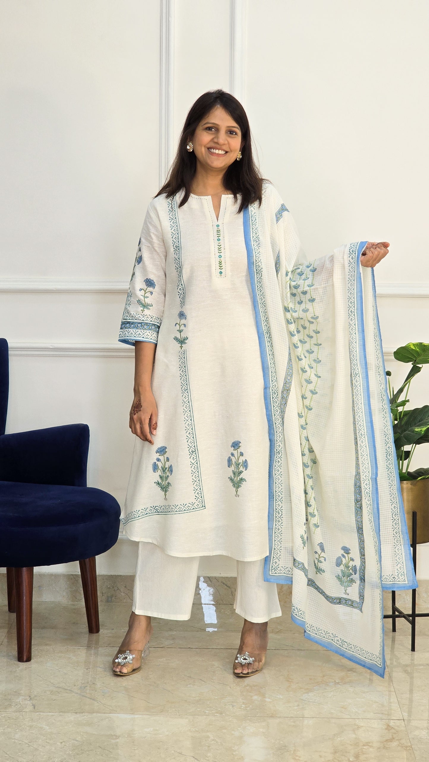 Blue Linen Block Suit Set