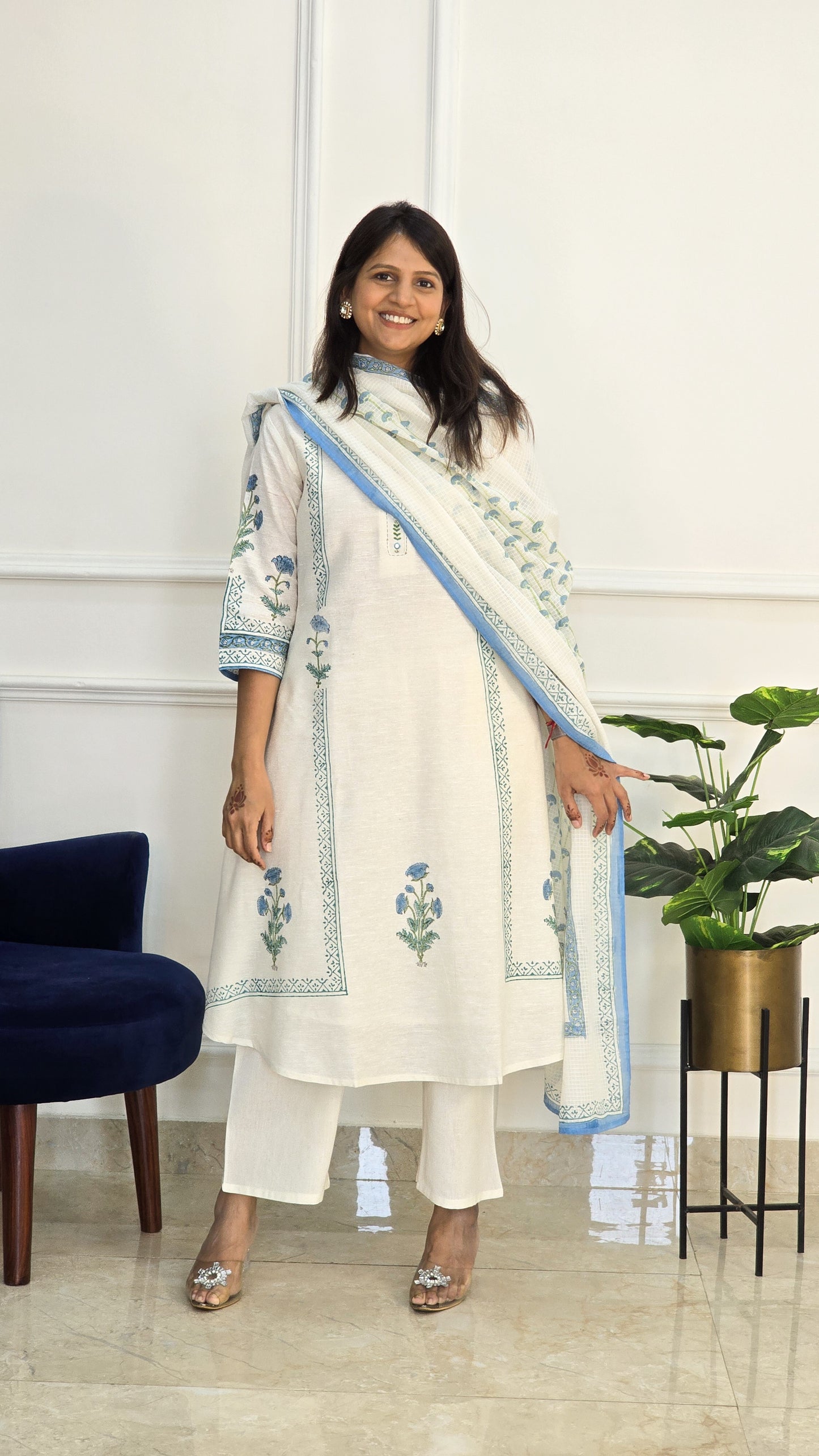 Blue Linen Block Suit Set