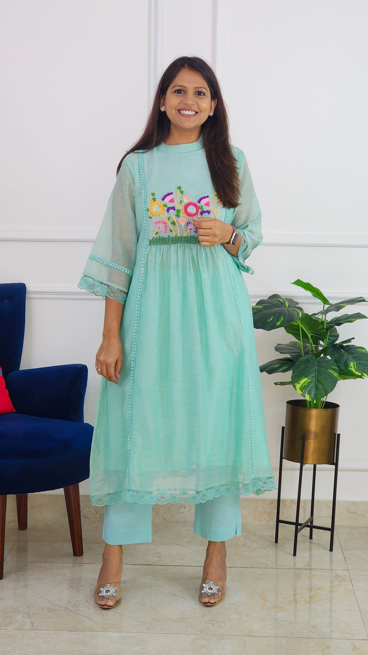 Happy Blue Mul Chanderi Embroidered Set