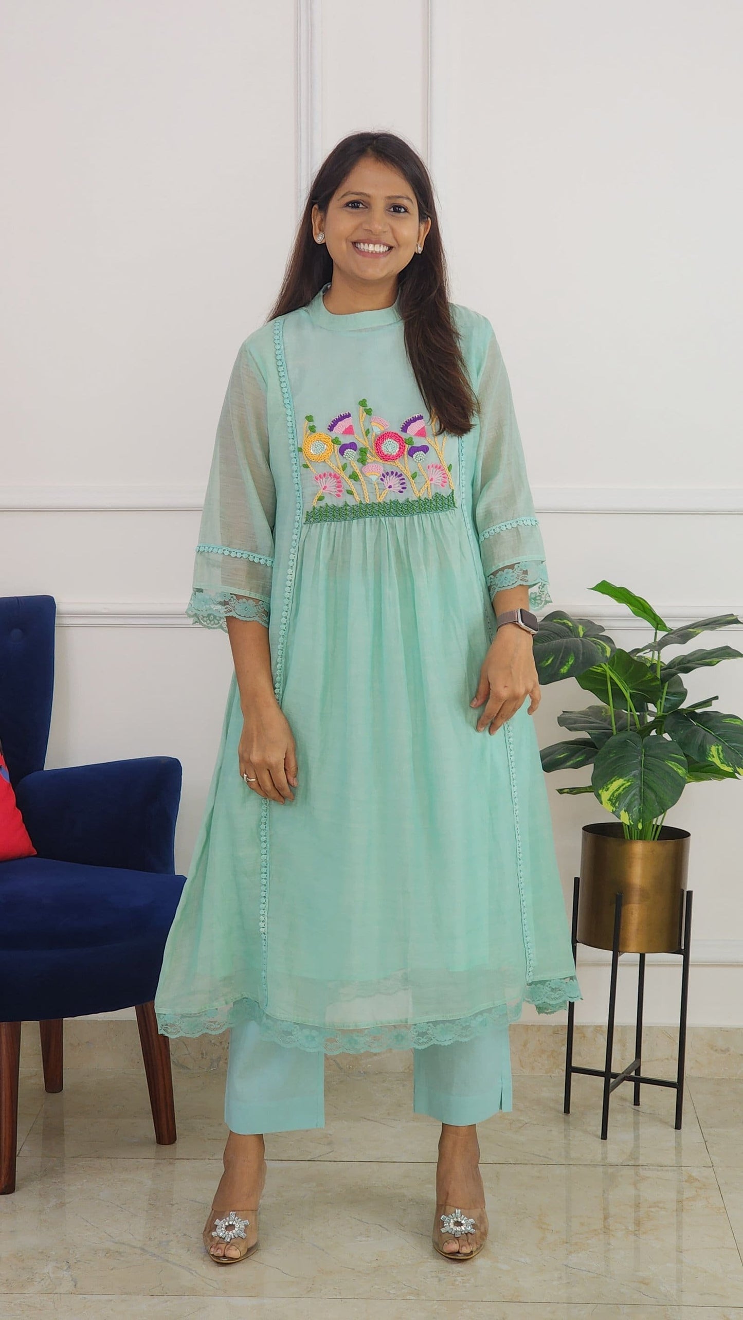Happy Blue Mul Chanderi Embroidered Set