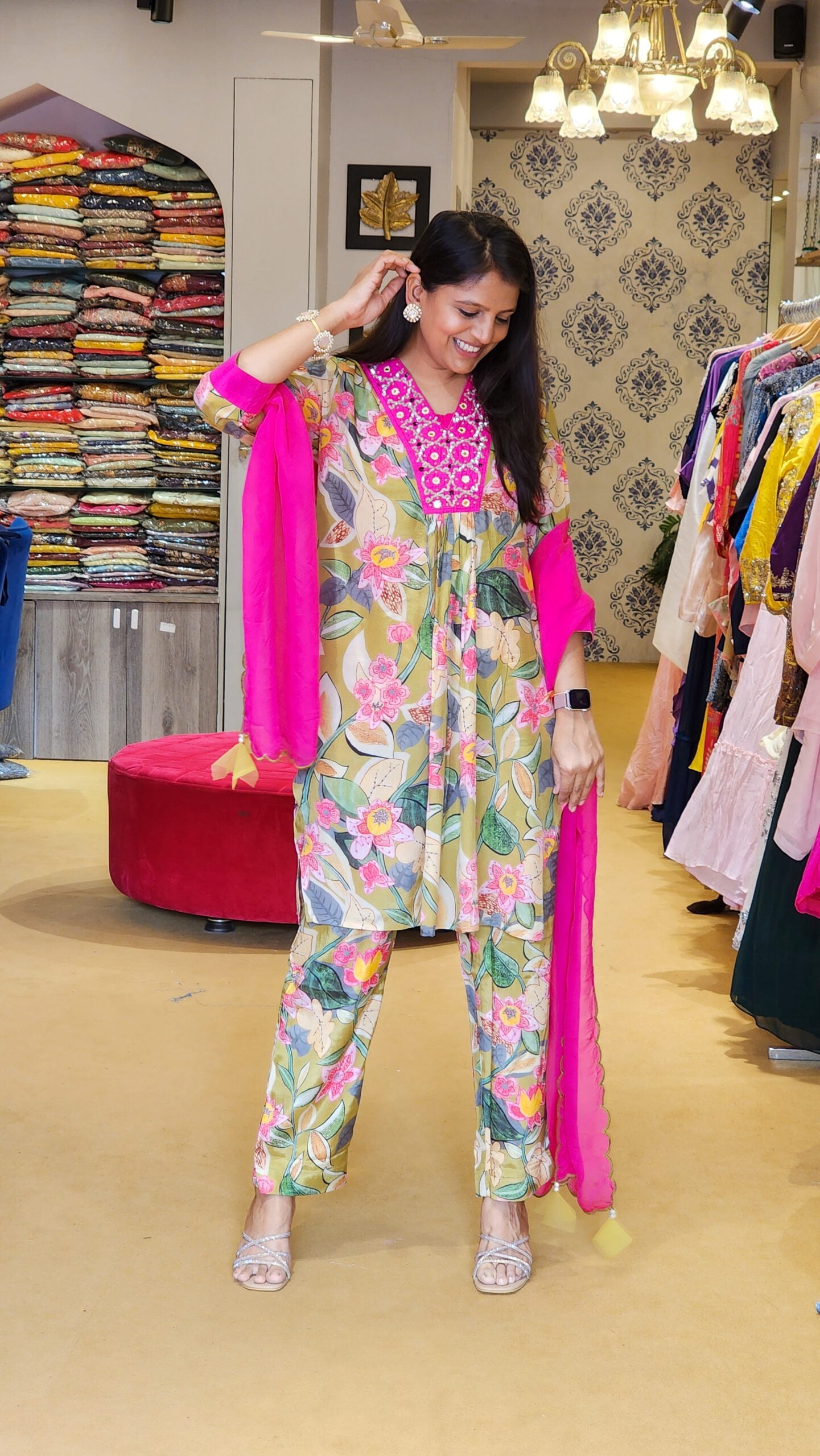 Jhilmil Green Floral Kurta Set