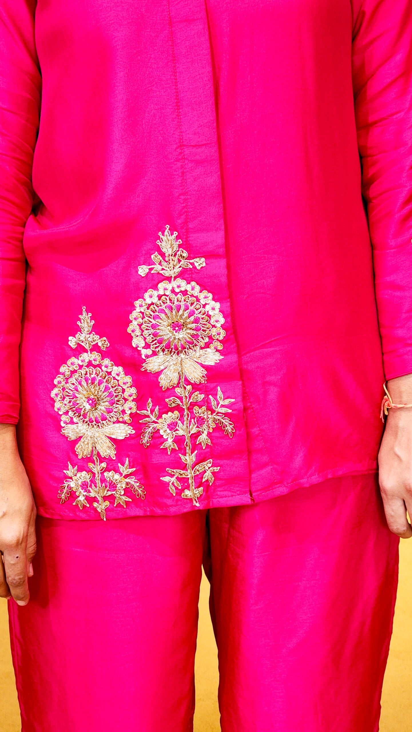 Hot Pink Zardosi Hand Work Detailed Silk Co ord Set