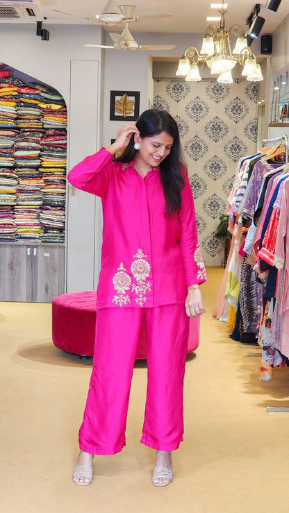 Hot Pink Zardosi Hand Work Detailed Silk Co ord Set