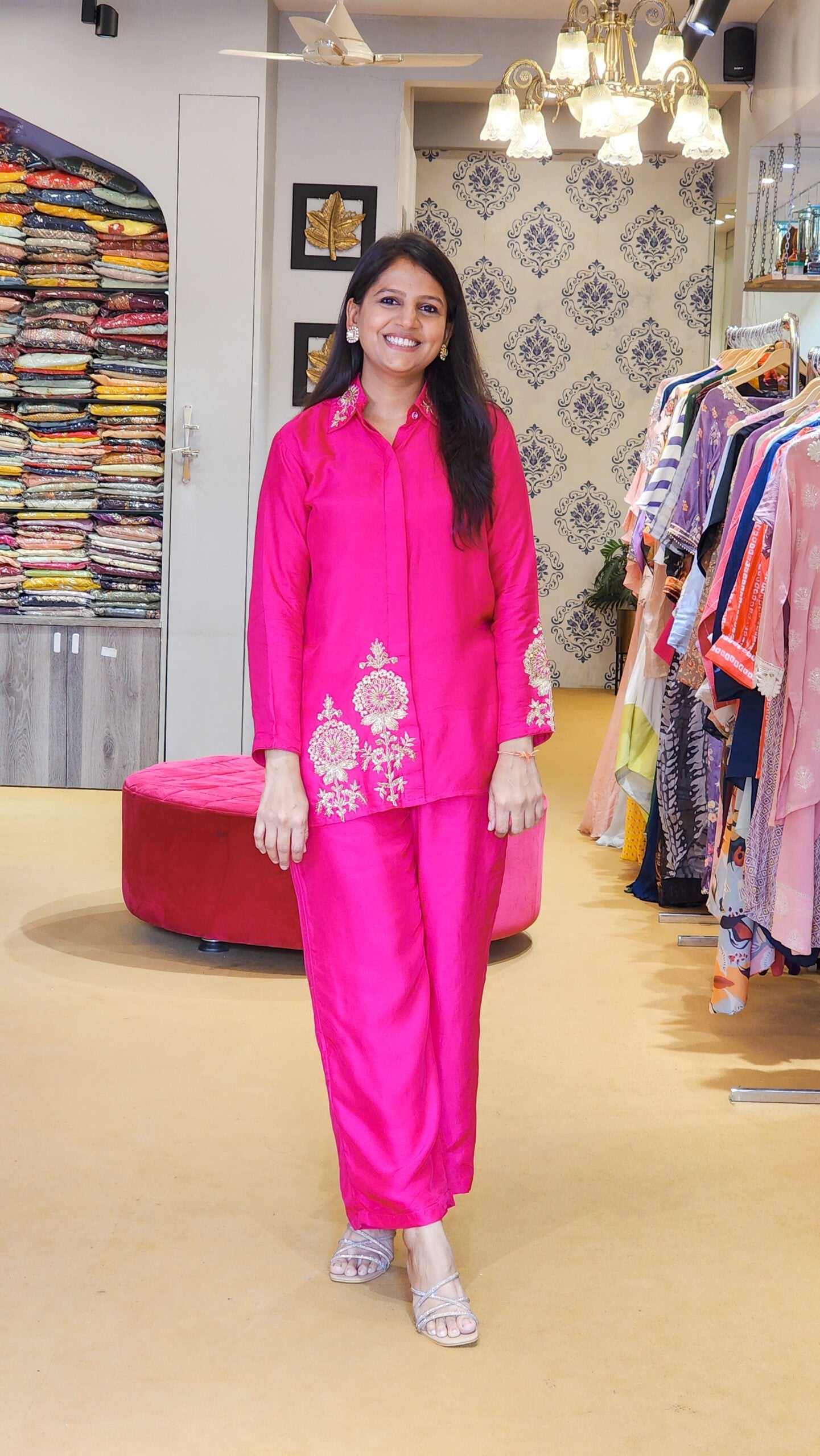 Hot Pink Zardosi Hand Work Detailed Silk Co ord Set