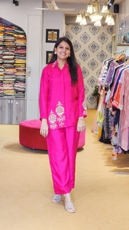 Hot Pink Zardosi Hand Work Detailed Silk Co ord Set