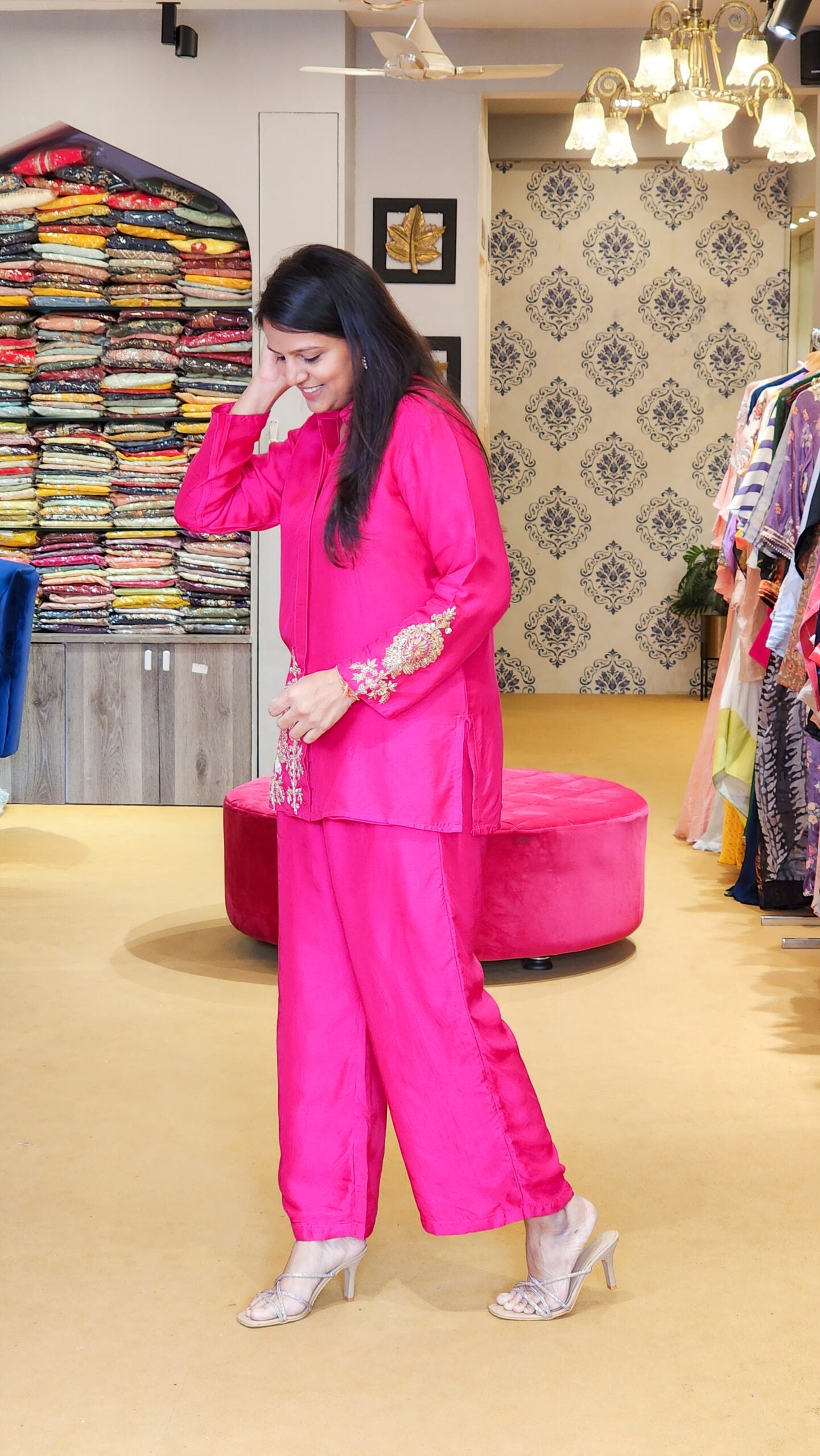 Hot Pink Zardosi Hand Work Detailed Silk Co ord Set