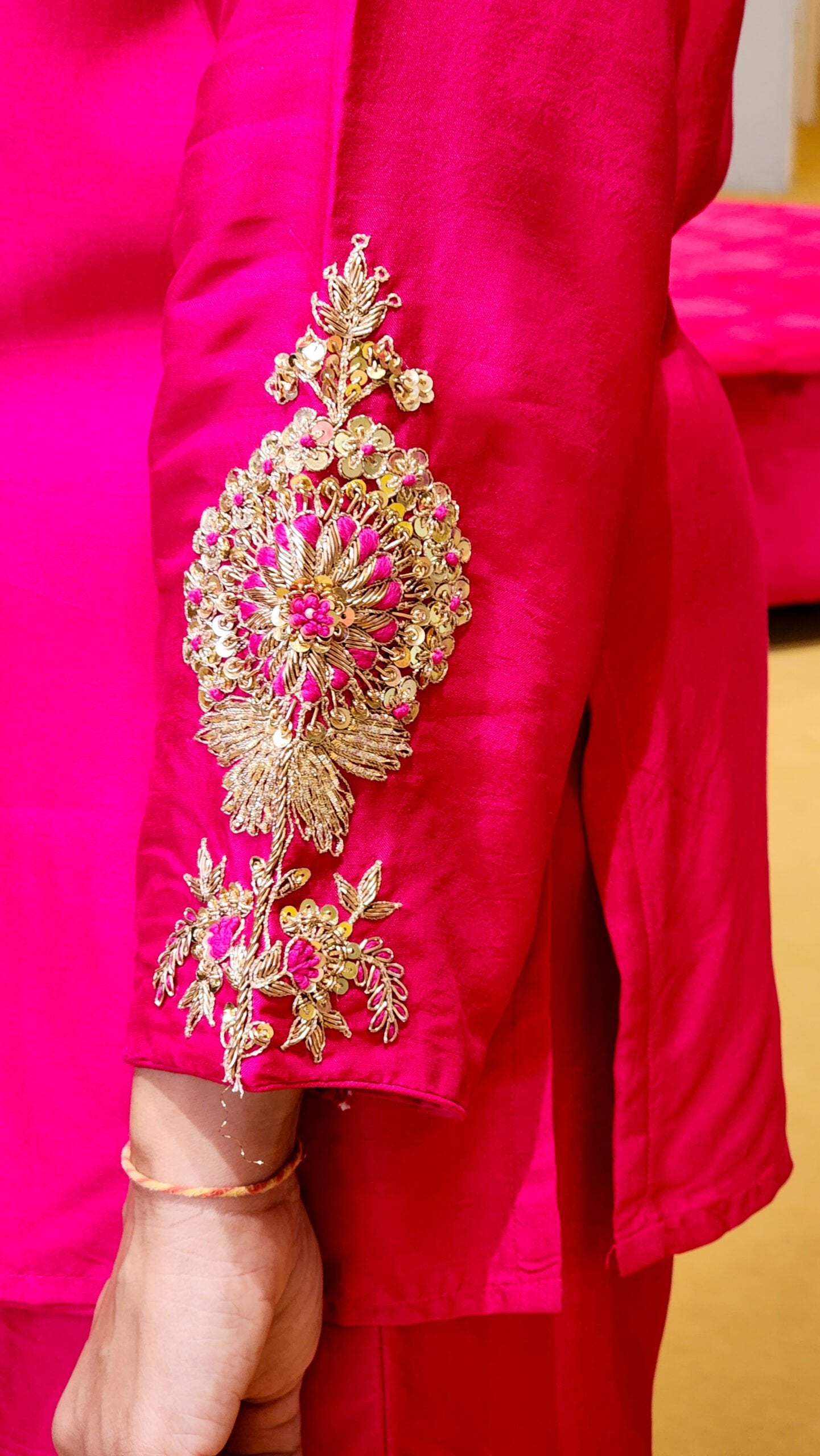 Hot Pink Zardosi Hand Work Detailed Silk Co ord Set