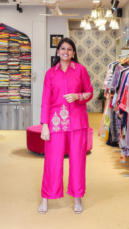 Hot Pink Zardosi Hand Work Detailed Silk Co ord Set