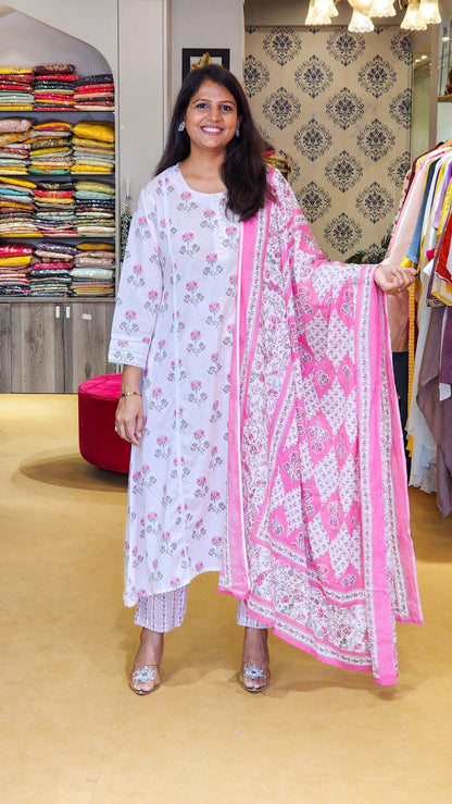 Pink and White Cotton Floral Suit