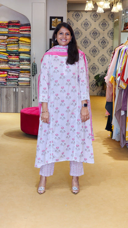 Pink and White Cotton Floral Suit