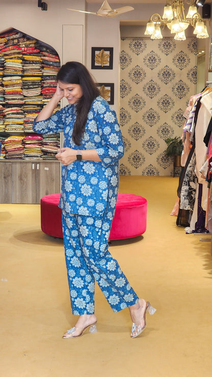 Blue Printed Cotton Lounge Wear