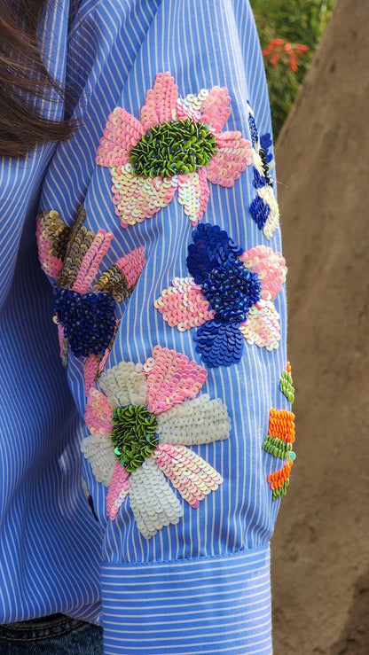 Blue Stripe Embellished Up Down Shirt