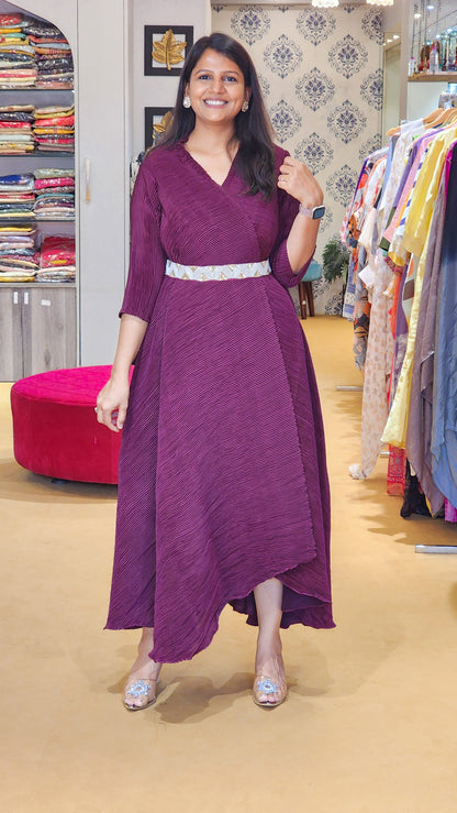 Maroon Pleated Dress with Belt