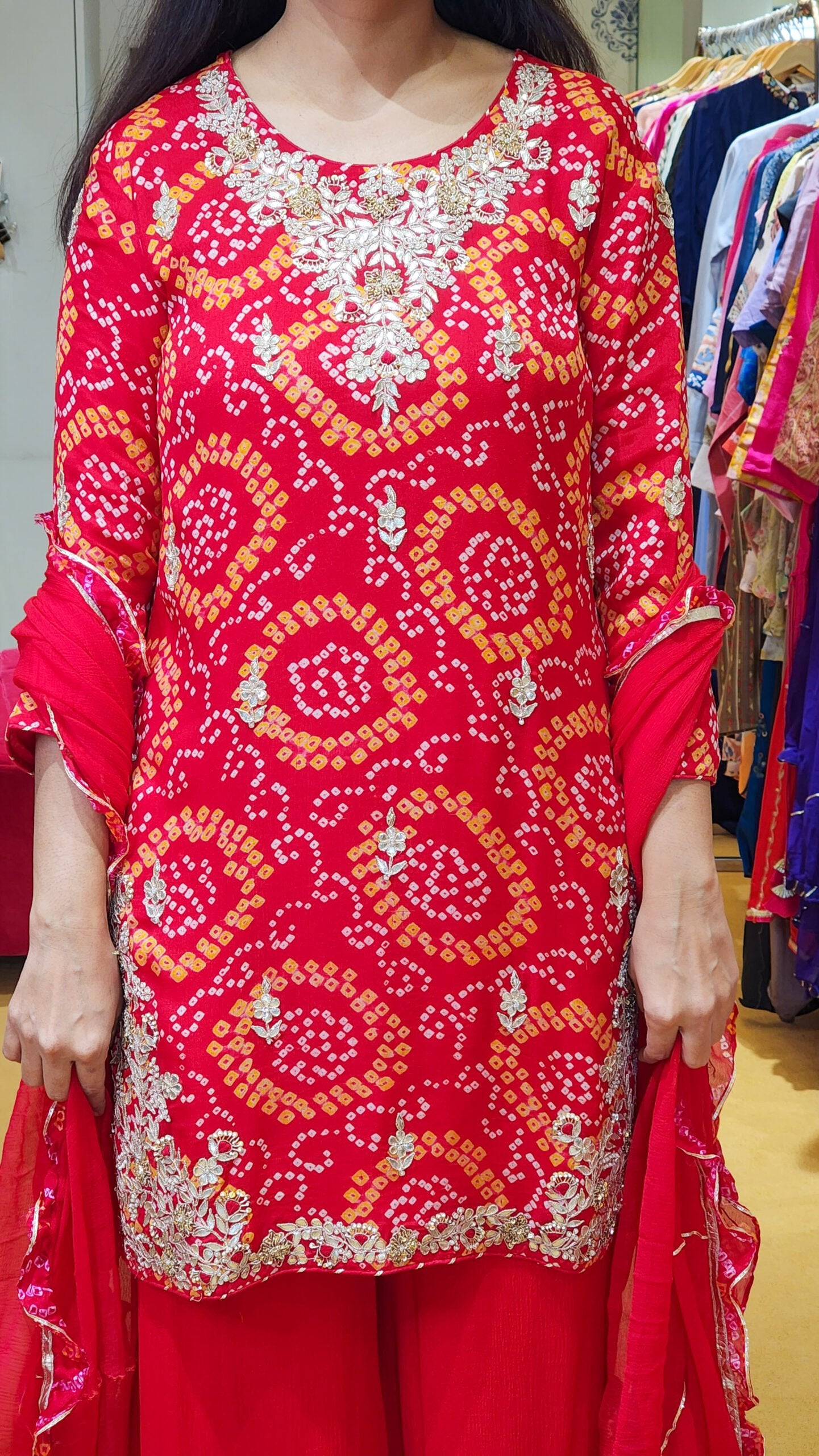 Tyohaar ~ Red Bandhej Suit Set