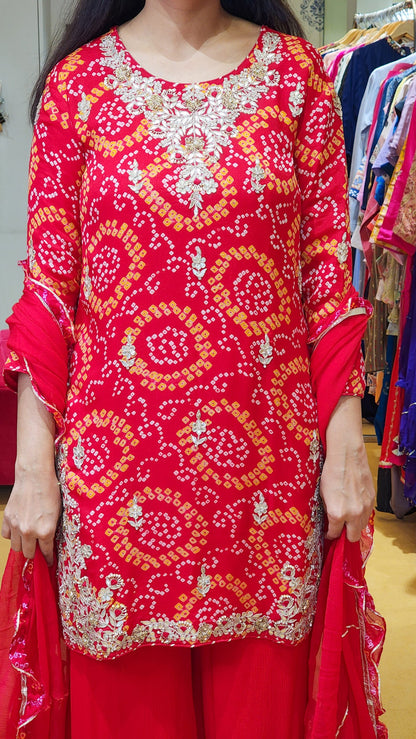 Tyohaar ~ Red Bandhej Suit Set