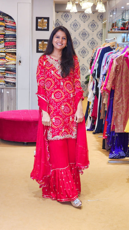 Tyohaar ~ Red Bandhej Suit Set