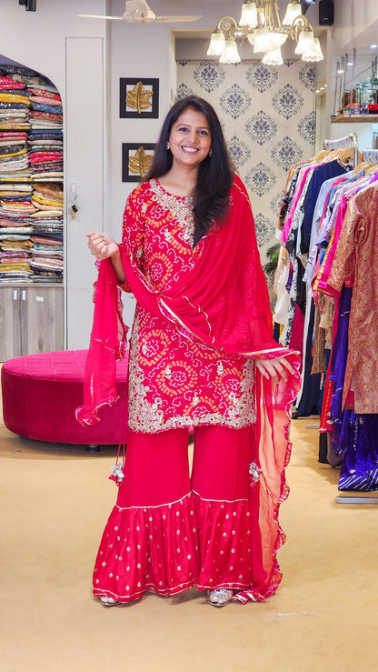 Tyohaar ~ Red Bandhej Suit Set