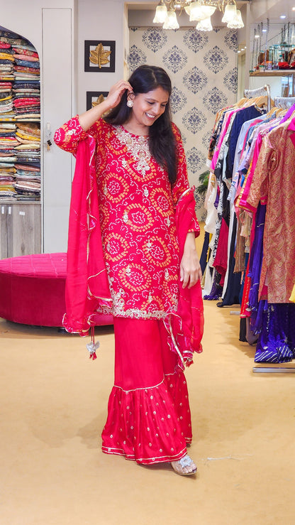 Tyohaar ~ Red Bandhej Suit Set