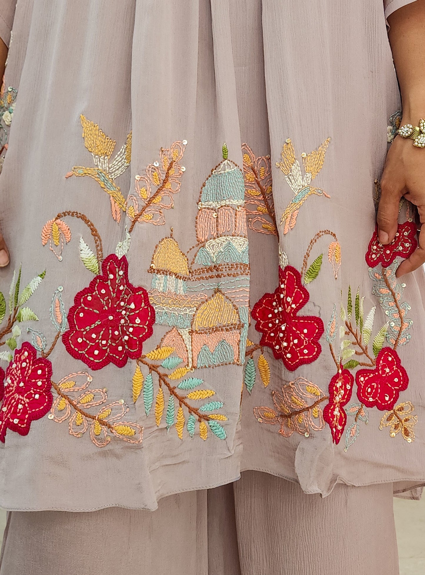 Grey Embroidered Chinnon Kurta Set