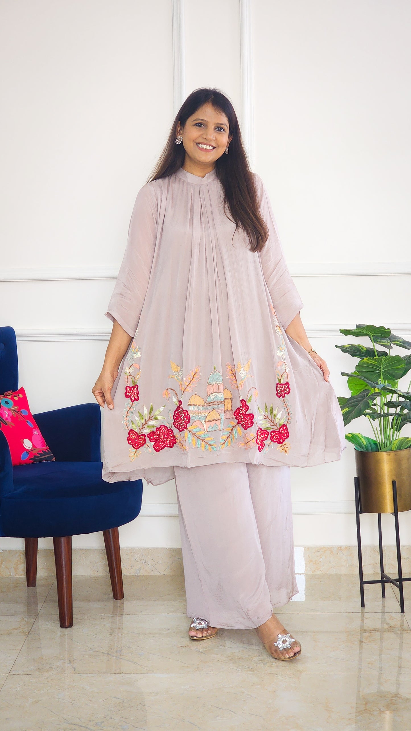 Grey Embroidered Chinnon Kurta Set