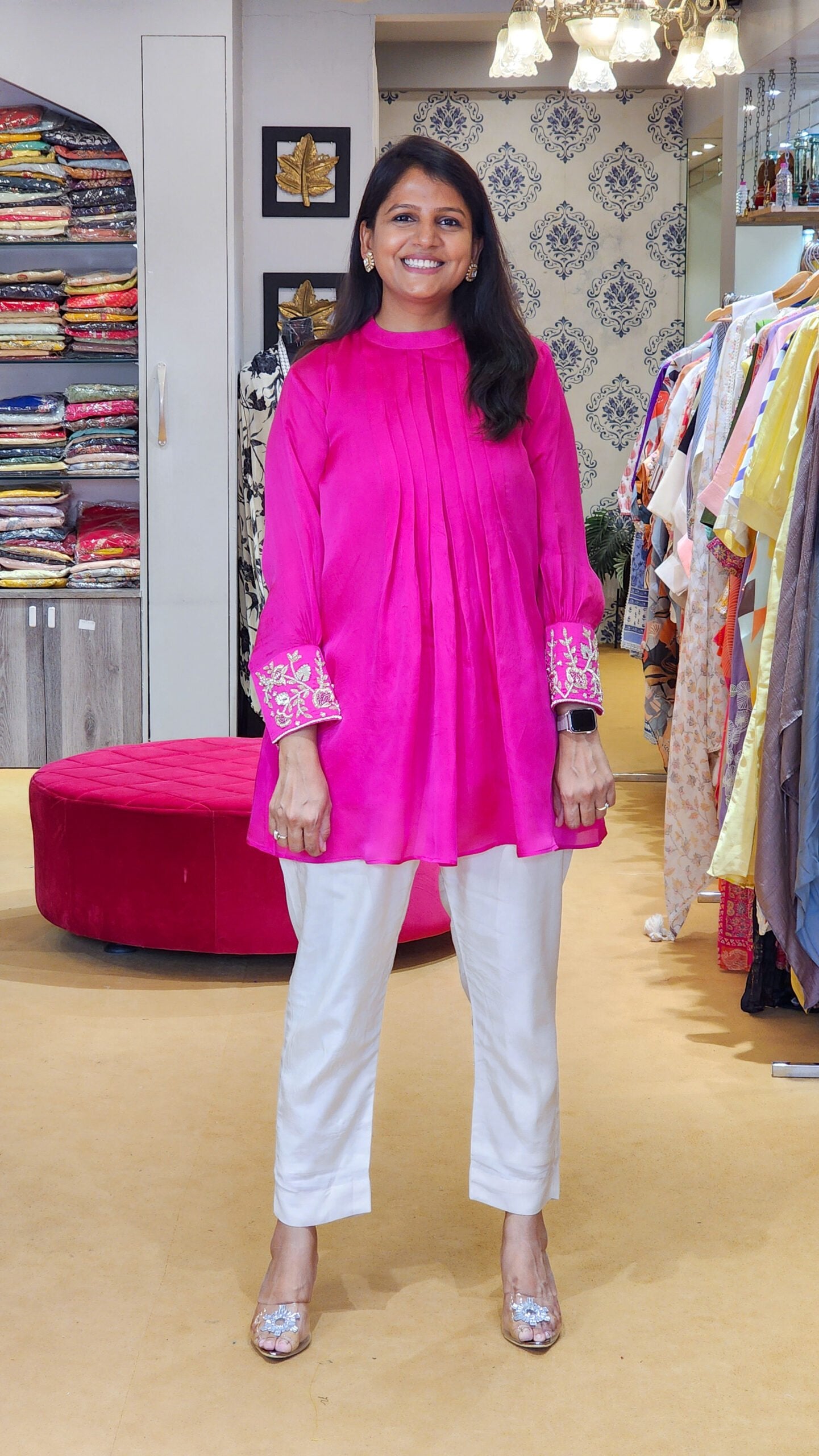 Fuschia Pleated Top with Pants