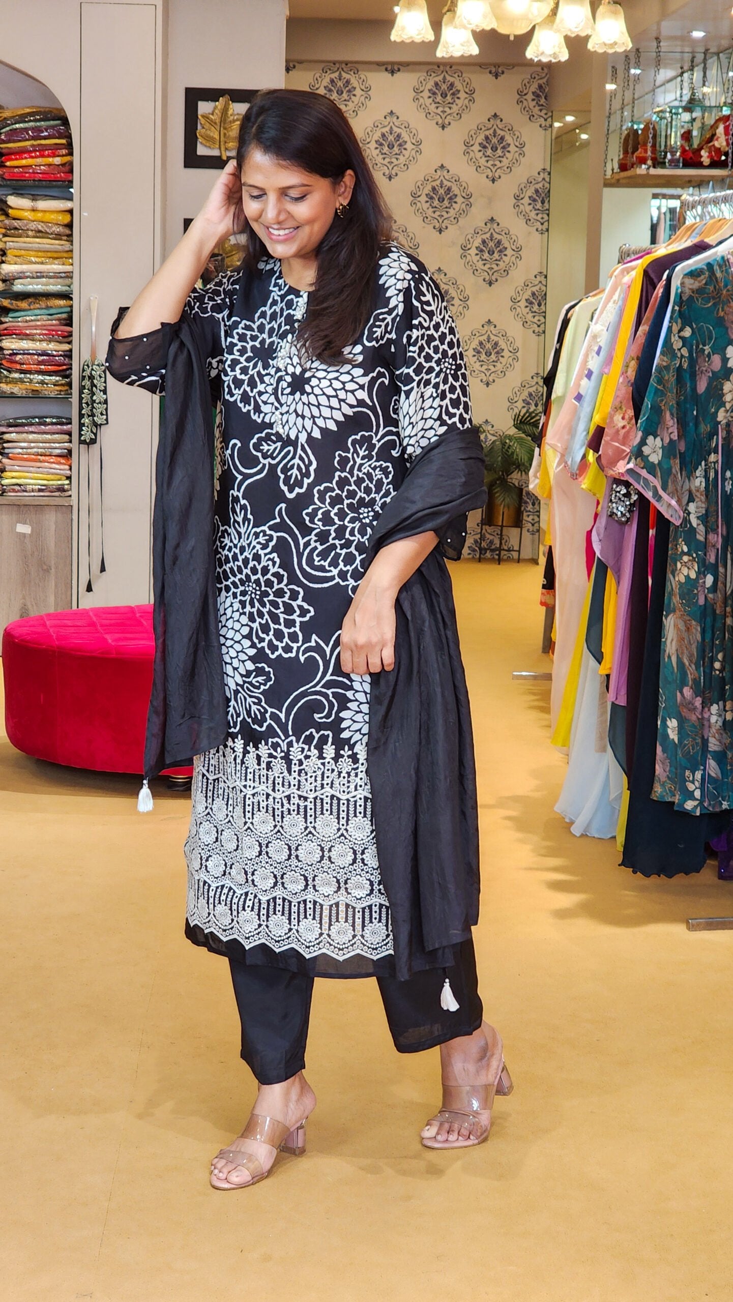 Black Muslin Suit with Schiffli Details