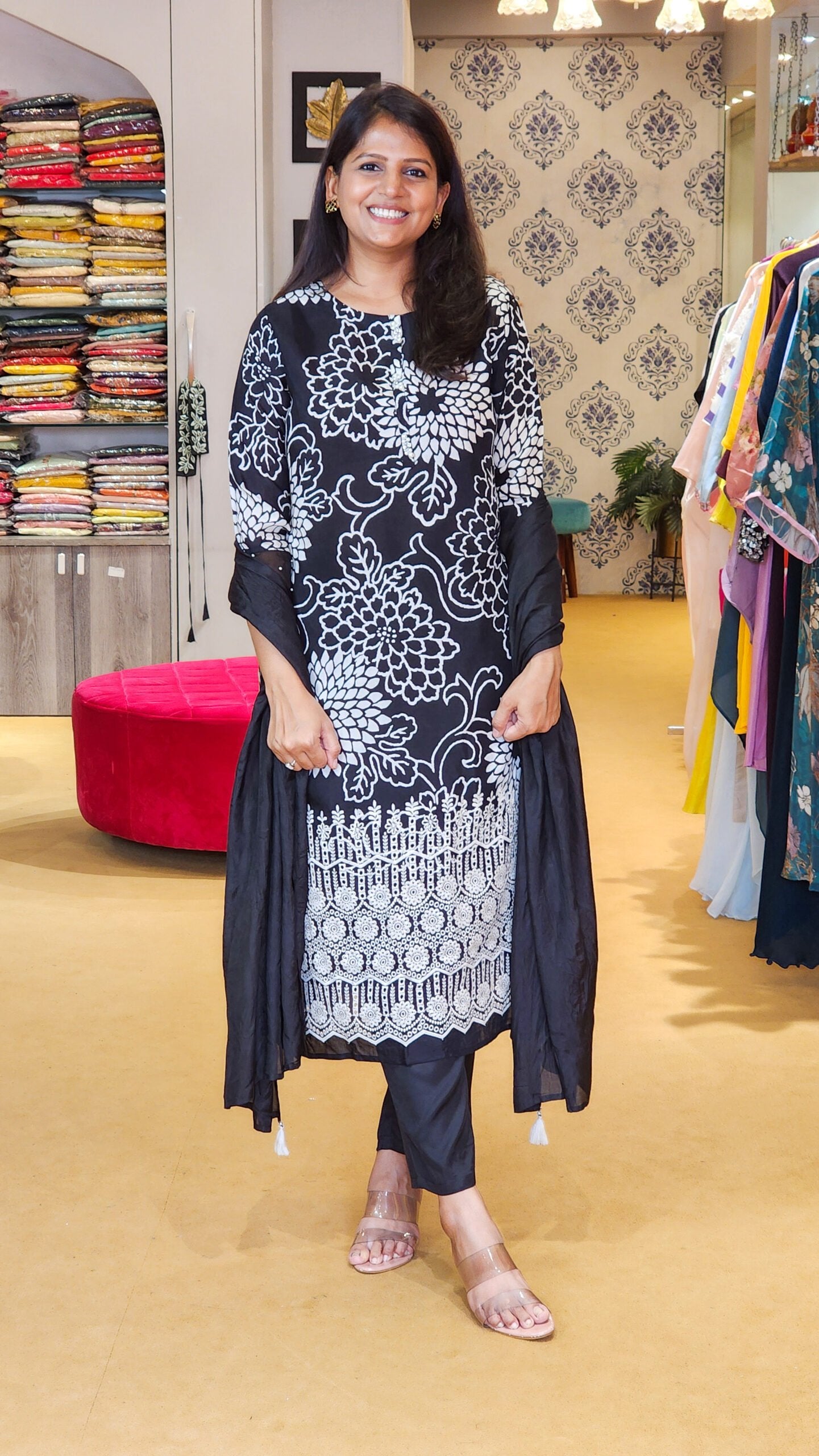 Black Muslin Suit with Schiffli Details