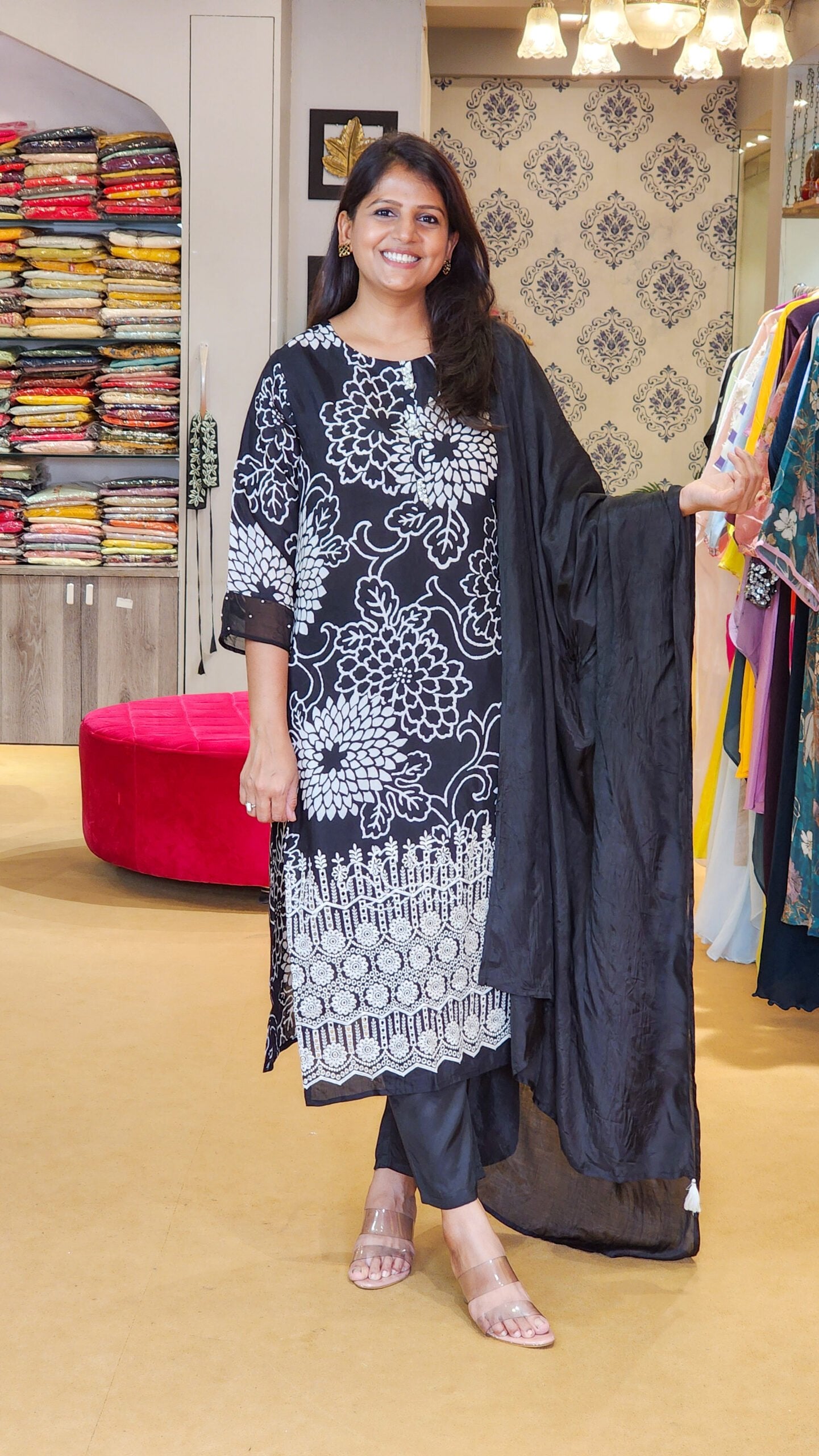 Black Muslin Suit with Schiffli Details