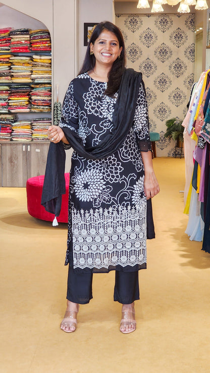 Black Muslin Suit with Schiffli Details