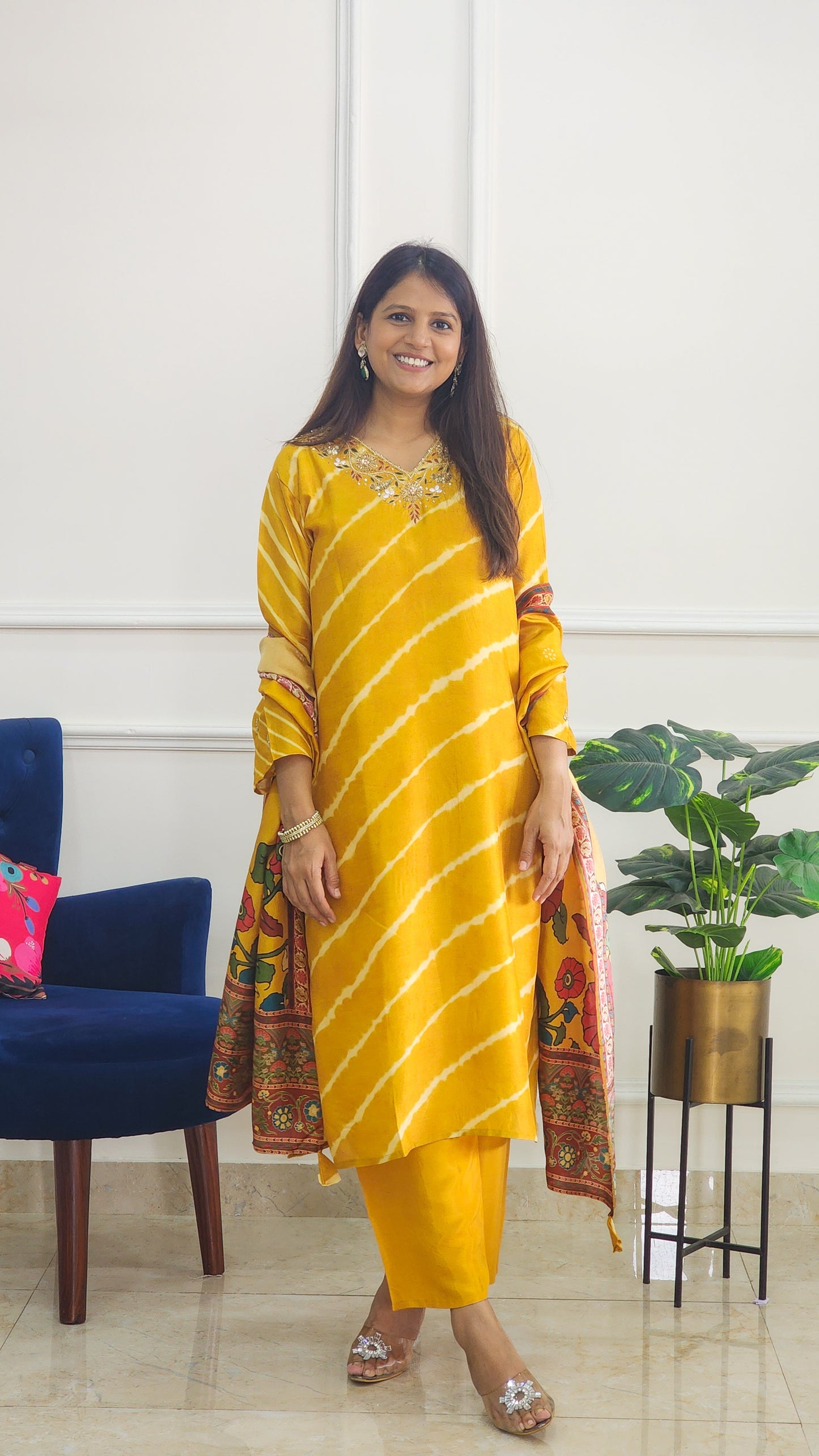 Yellow Tie Dye with Kalamkari Dupatta