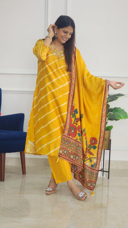Yellow Tie Dye with Kalamkari Dupatta