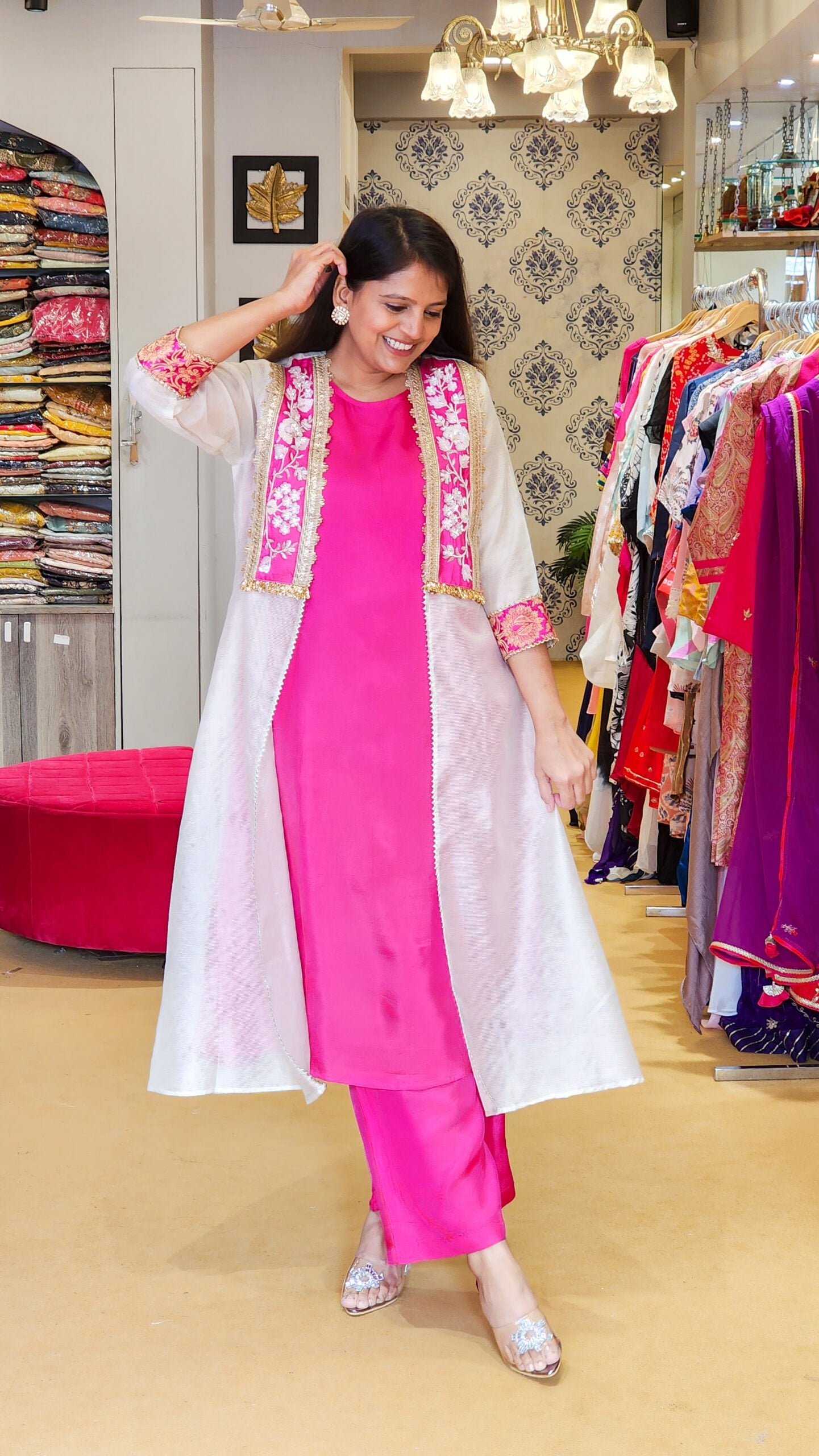 Stripe Chanderi Pink Top and Pants Set