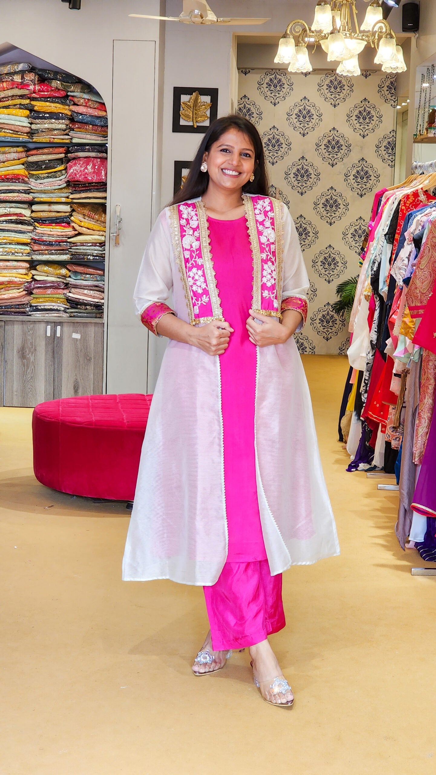 Stripe Chanderi Pink Top and Pants Set