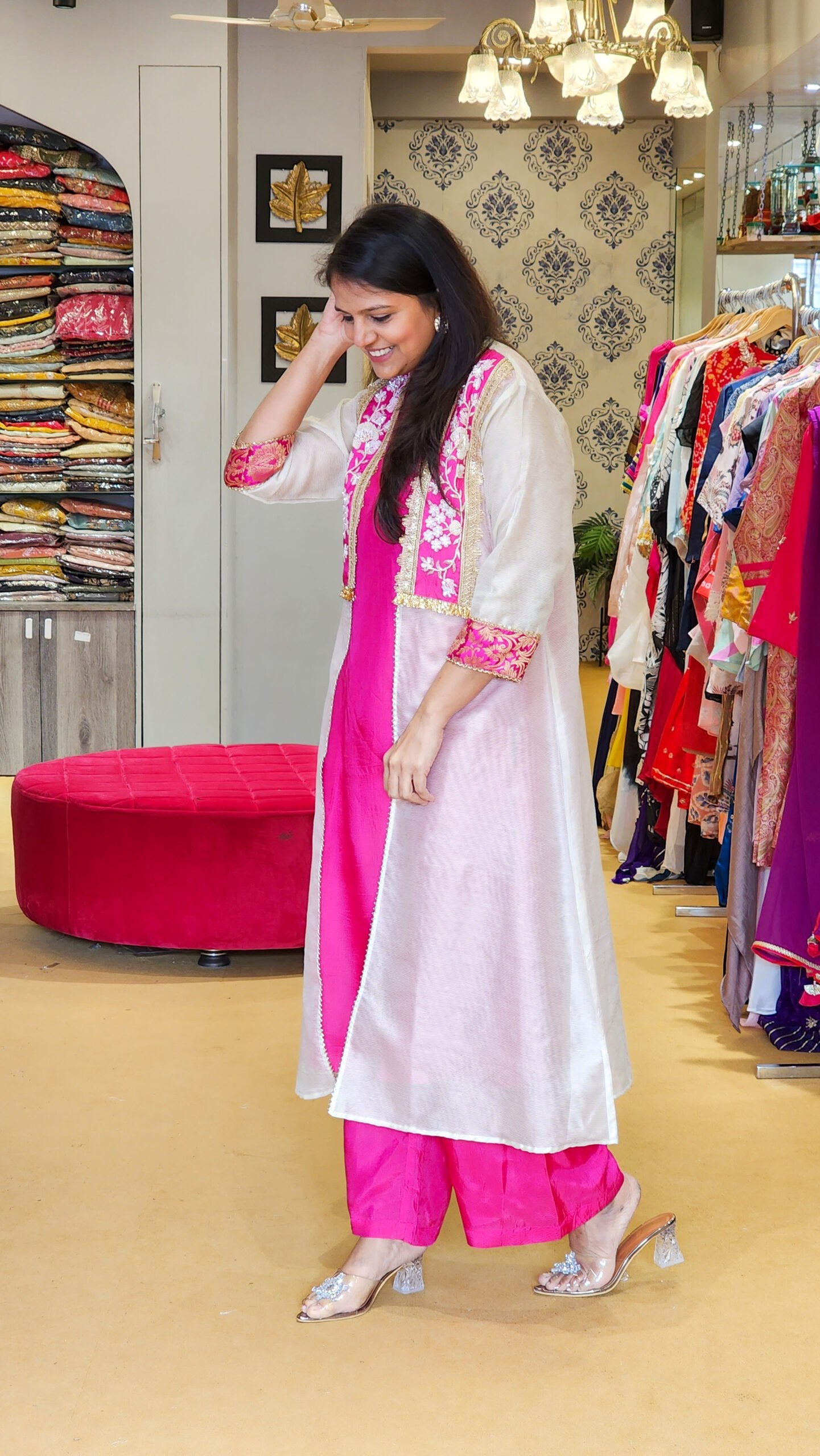 Stripe Chanderi Pink Top and Pants Set