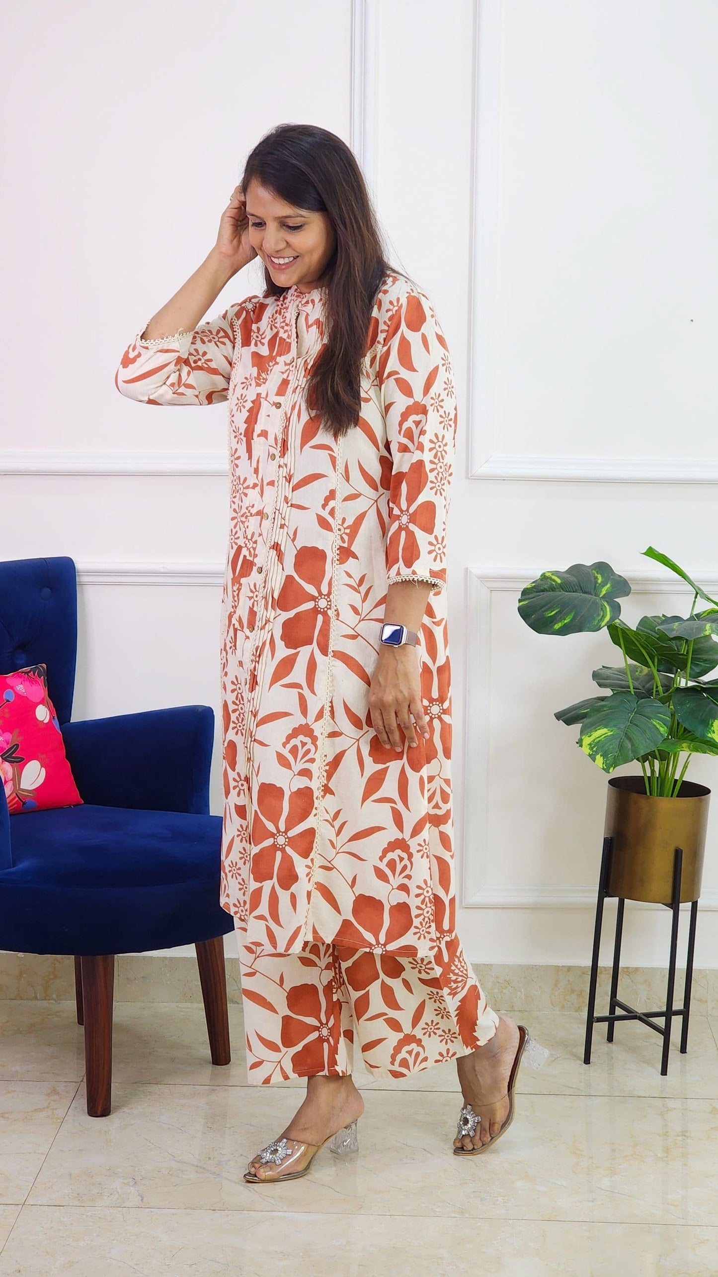 Rust Orange Floral Kurta Set
