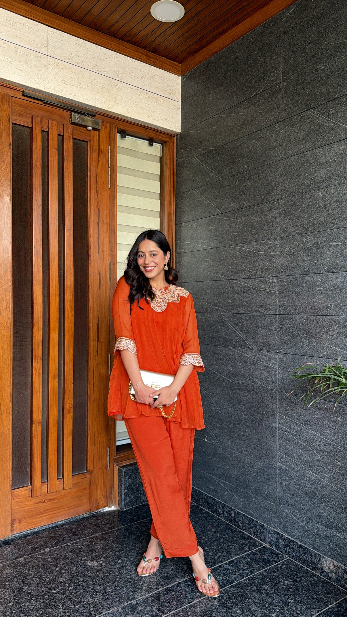 Tyohar ~ Rust Kali Top with Zardosi Work and Pallazo Set - View 2 - PinkTree by Shrutika