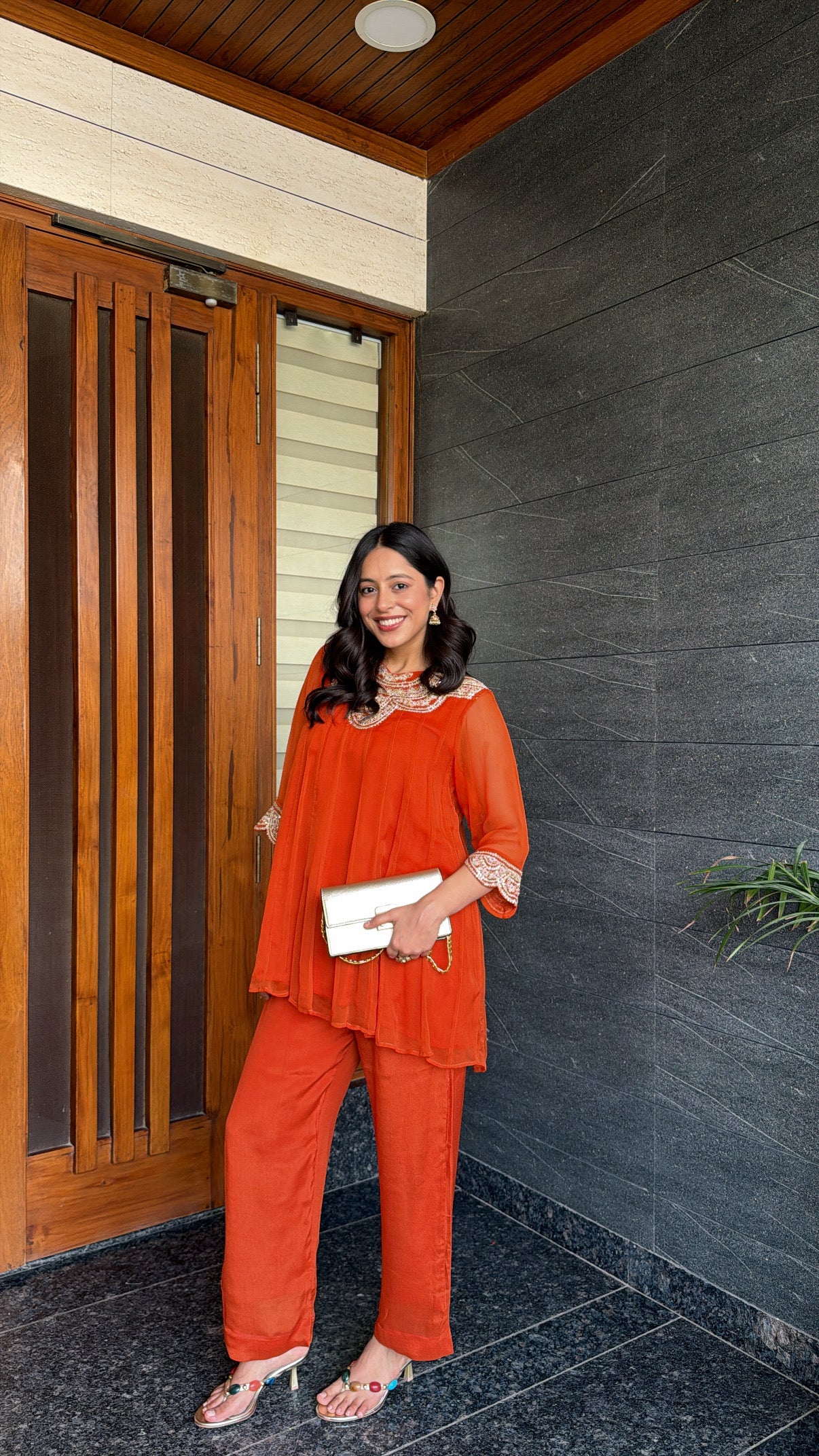Tyohar ~ Rust Kali Top with Zardosi Work and Pallazo Set - View 3 - PinkTree by Shrutika