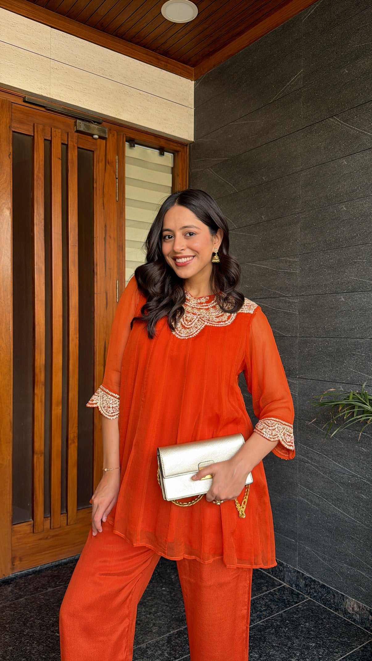 Tyohar ~ Rust Kali Top with Zardosi Work and Pallazo Set - View 5 - PinkTree by Shrutika