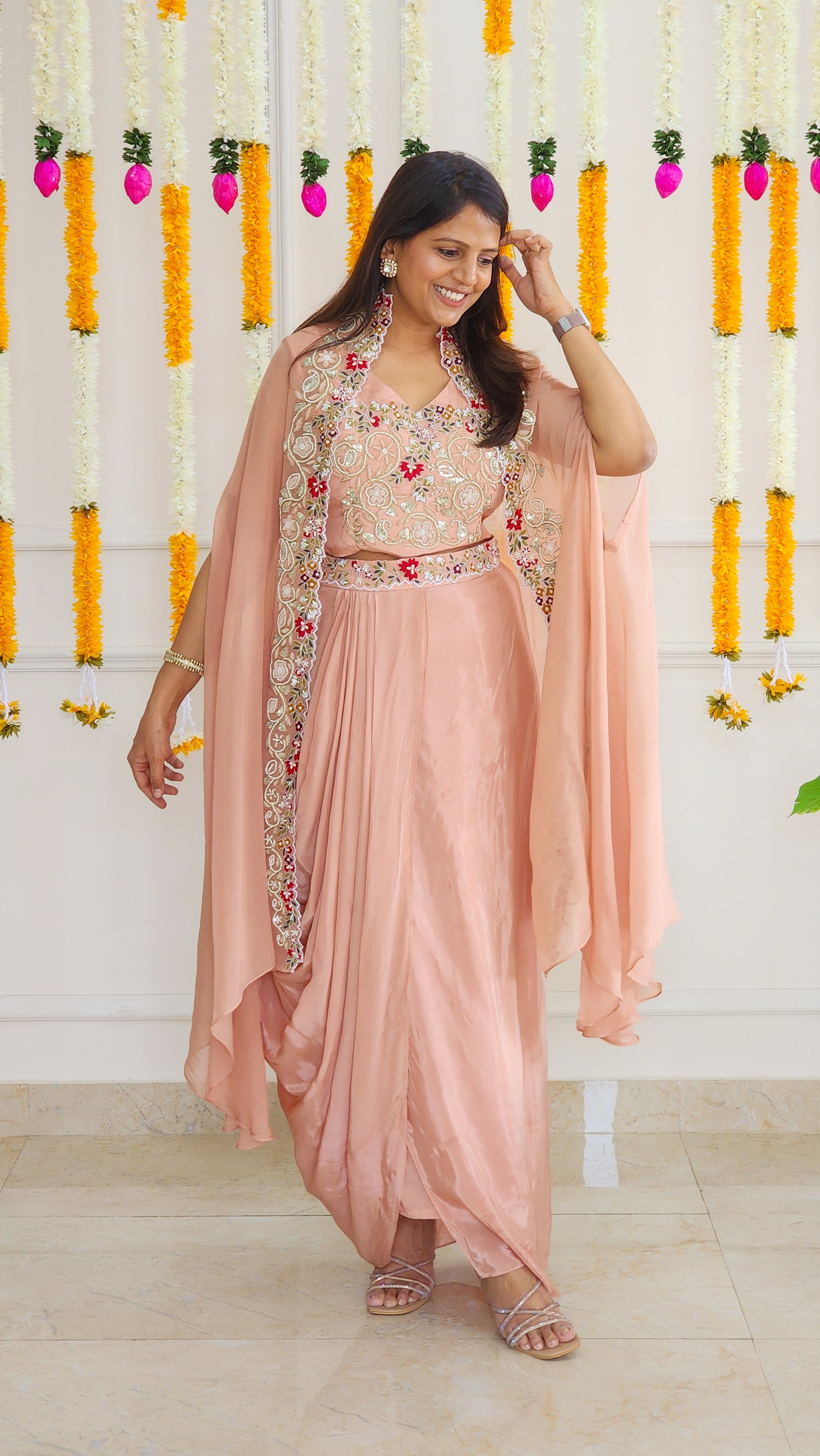 Peach White Indowestern Set