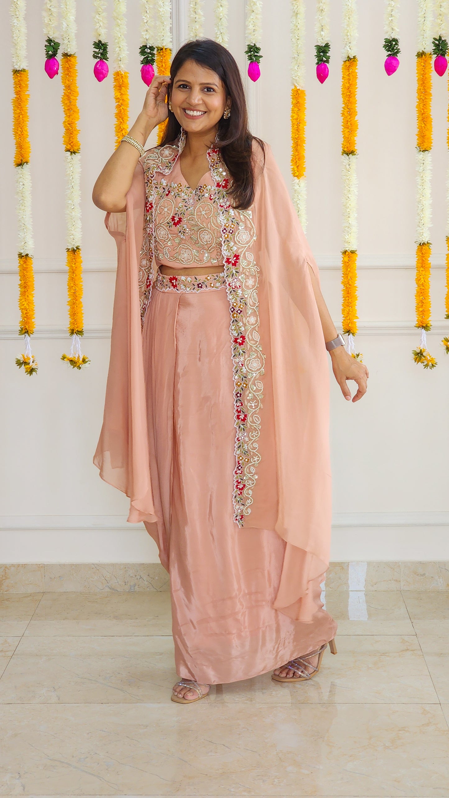 Peach White Indowestern Set