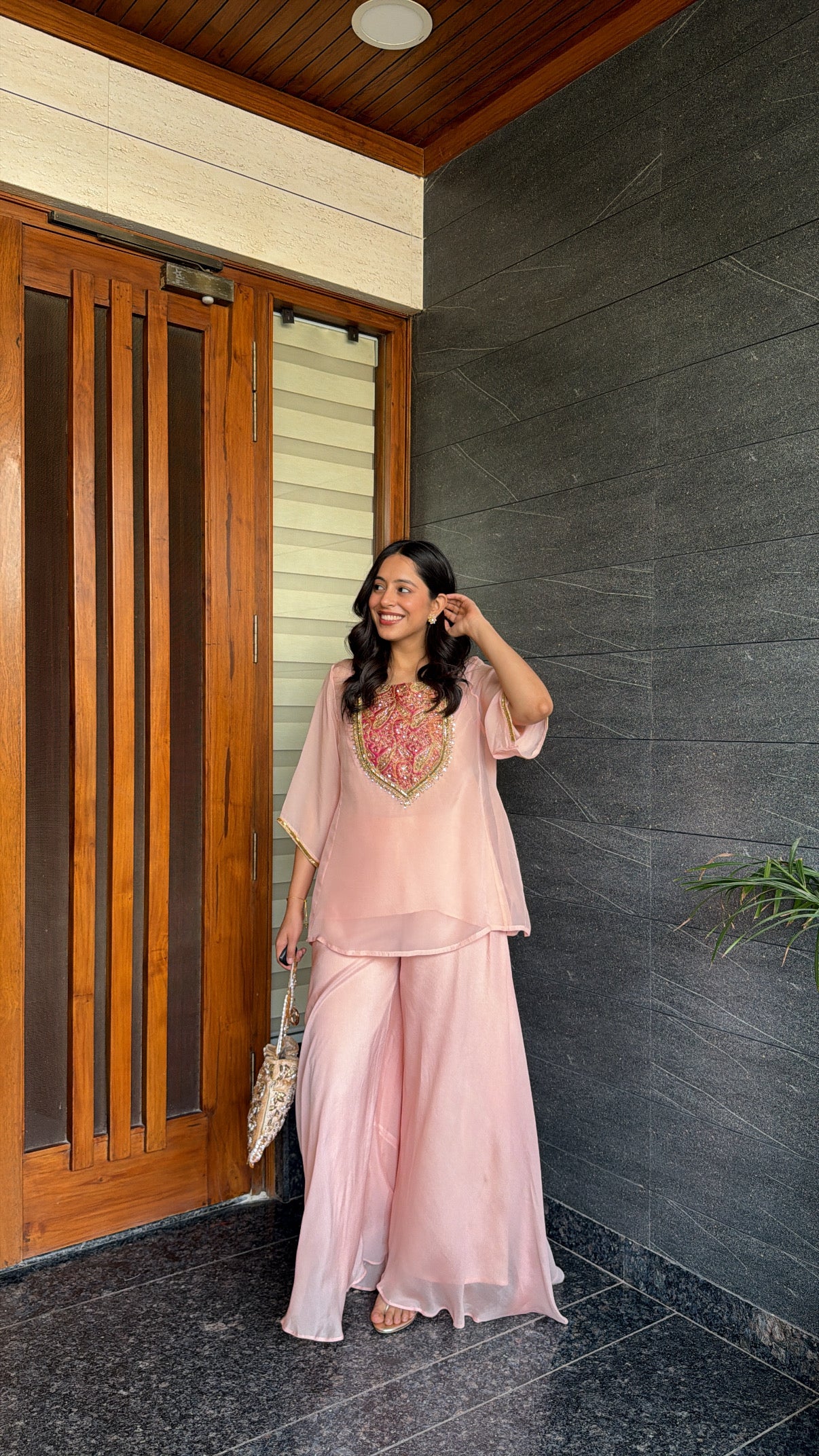 Pink Banarasi Detail Short Kurta and Plazzo Set - View 2 - PinkTree by Shrutika