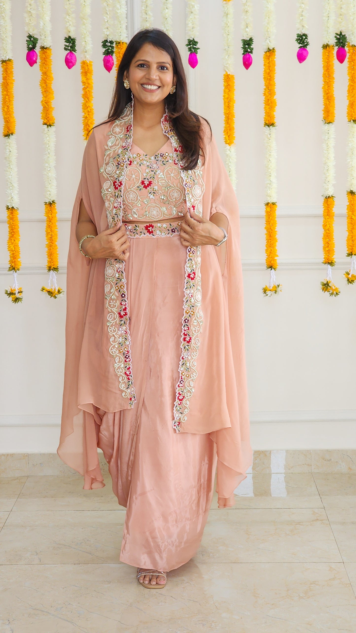 Peach White Indowestern Set
