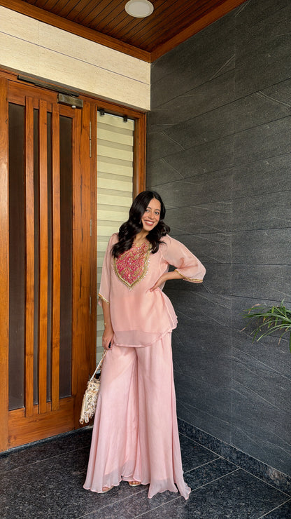 Pink Banarasi Detail Short Kurta and Plazzo Set - View 4 - PinkTree by Shrutika