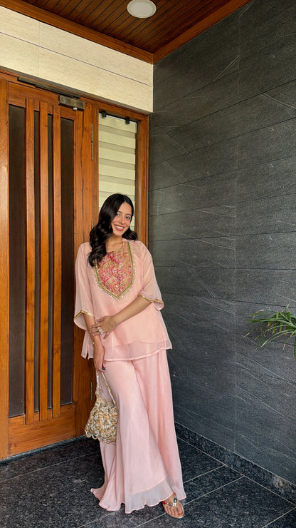 Pink Banarasi Detail Short Kurta and Plazzo Set - View 3 - PinkTree by Shrutika